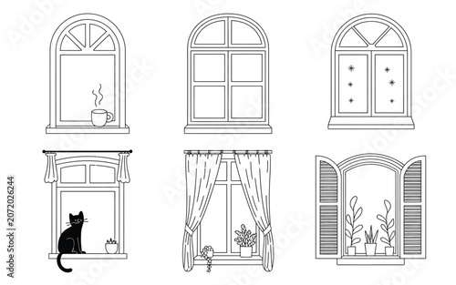 Vintage and modern window outline vector collection featuring cute designs with cat curtains houseplants coffee cup and shutter decorations
