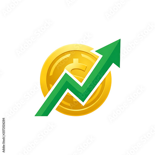Financial growth concept with golden dollar coin and rising green arrow chart isolated on white