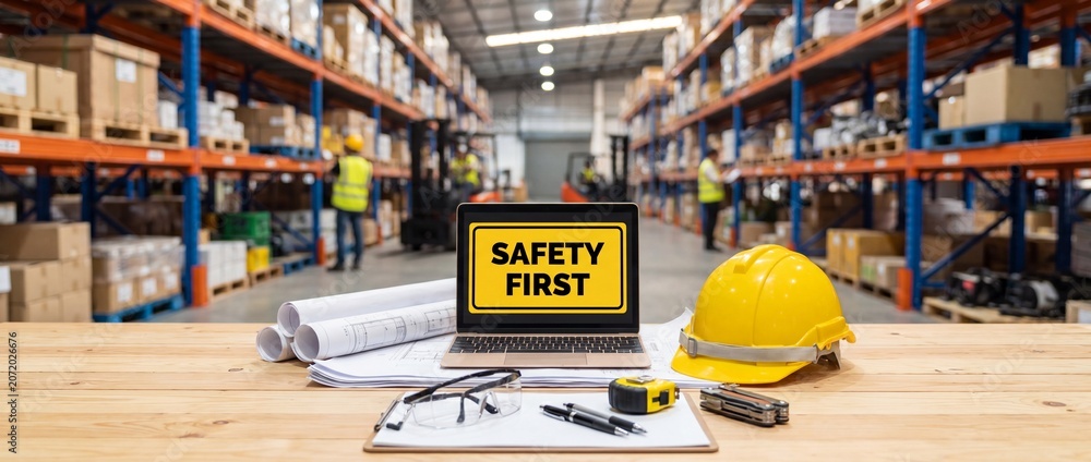 Fototapeta premium Warehouse safety inspection setup with laptop displaying safety first sign hard hat blueprints and tools on wooden table in industrial storage facility