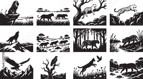 Foto Wild Predators and Big Cats Nature Landscape Silhouette Vector Set