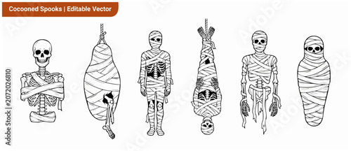 Tableau sur toile Mummy skeleton vector Halloween spooky set of wrapped dead body cocoons hanging upside down for horror party graphic design element, scary line art illustration of creepy skulls and bones horror clip