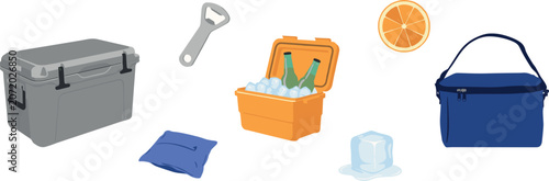 Obraz na płótnie Summer picnic cooler box set with ice portable thermal bag beer bottle opener an