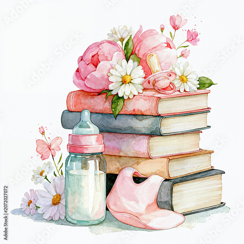 Watercolor baby shower still life with pink peonies, daisies, a stack of books, baby bottle, pacifier and bib on a white background