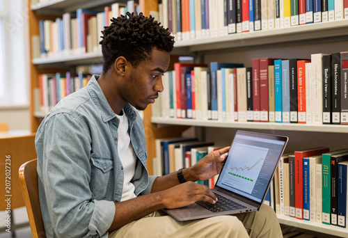 African American student analyzing market trends in university library