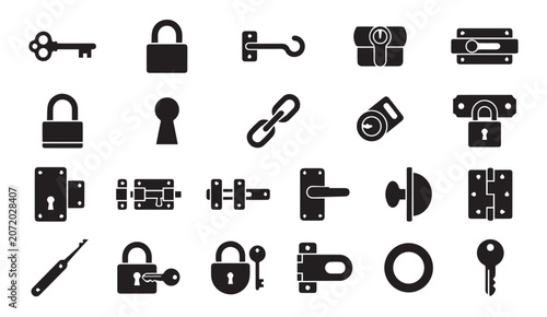 Comprehensive set of door and security lock hardware icons with security