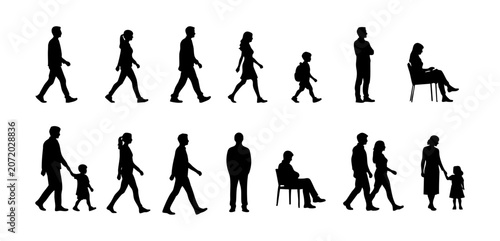 Cuadro en lienzo CAD people side view silhouette set, walking human figures family and seated per