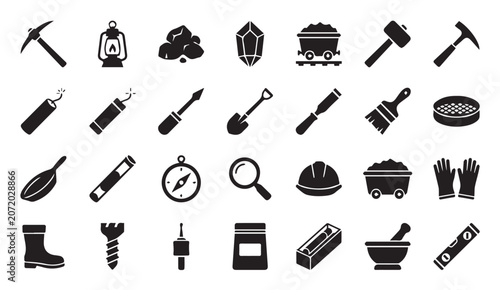 Принти на полотні Mining and excavation tools icon set with excavation industry prospecting