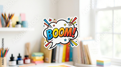 Colorful comic book speech bubble with text 'BOOM!' on workspace  