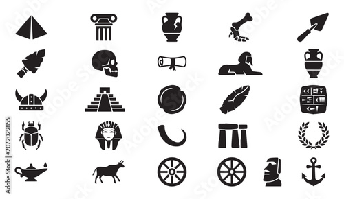 Tableau sur toile Set of archaeological and ancient history icons with archaeology, artifacts