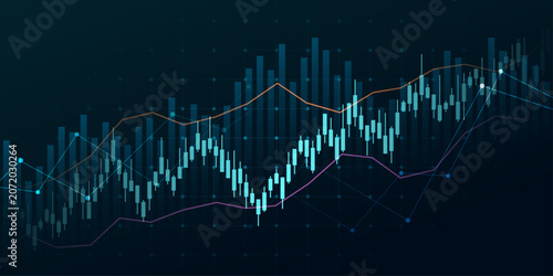 Technology financial graph with uptrend bar chart of stock market on blue color background