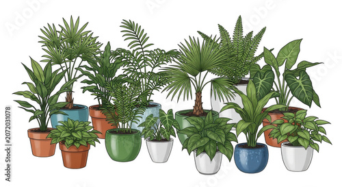 collection of diverse potted tropical houseplants in colorful ceramic pots