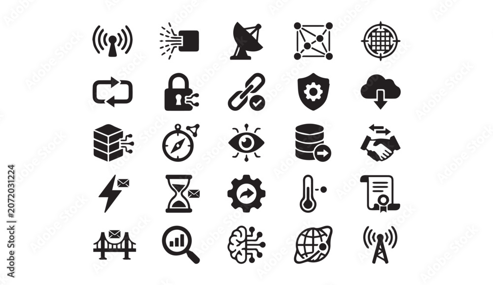 Fototapeta premium A varied set of technology data connectivity communication black glyph icons