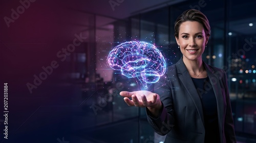 Artificial intelligence digital brain hologram, businesswoman holding glowing neural network, futuristic machine learning and cognitive computing concept