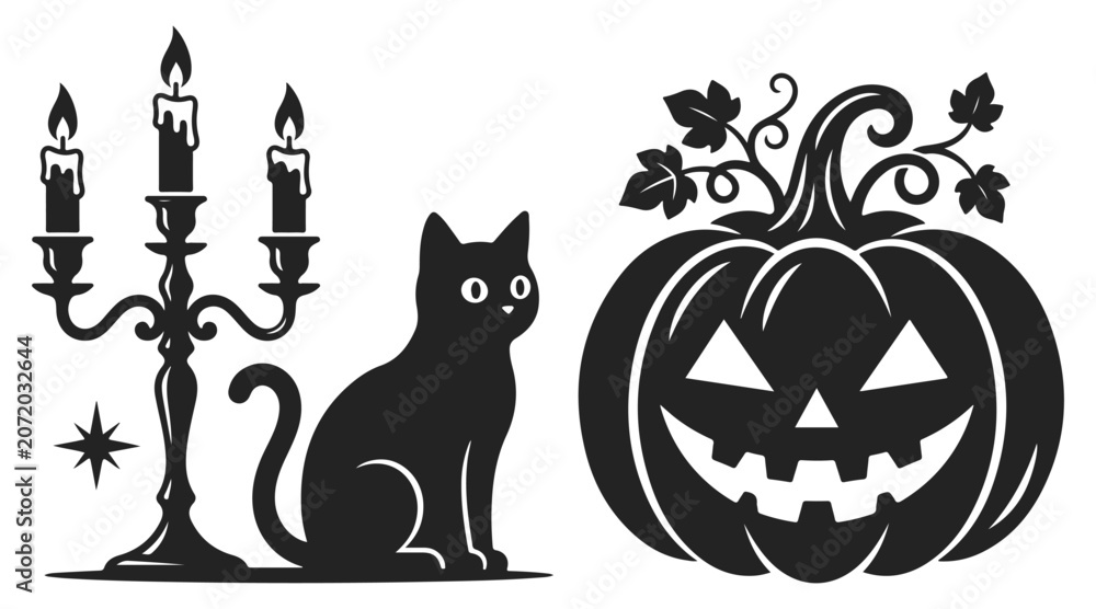 Fototapeta premium Halloween illustration with a black cat, candelabra, and a carved pumpkin
