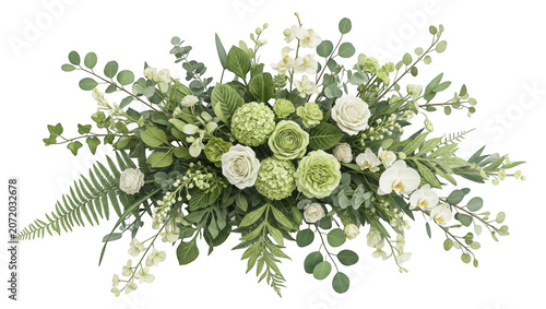 eucalyptus and white roses floral bouquet on white background
