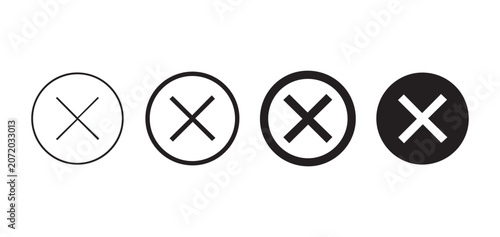 Set of close cross buttons and delete x icons inside circles with varying line weights