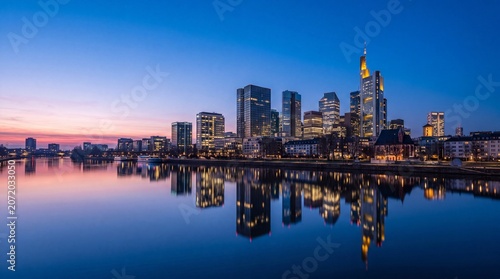 Foto Frankfurt City Skyline Reflected In River At Blue Hour Twilight