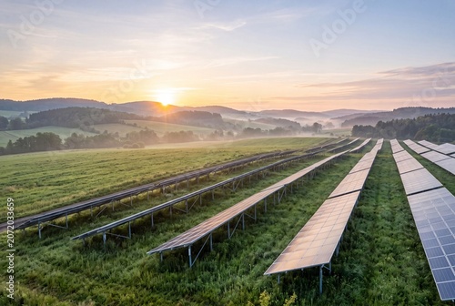 Aerial View Of Solar Panel Farm In Green Field At Misty Sunrise