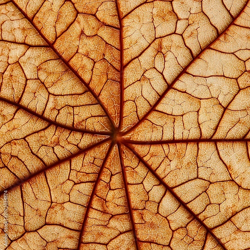 Close-up texture of a dried autumn leaf, showcasing intricate veins and a starburst pattern in warm brown and orange hues
