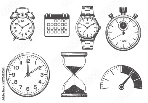 Foto Collection of hand-drawn timekeeping featuring clocks, watches, hourglass, calen