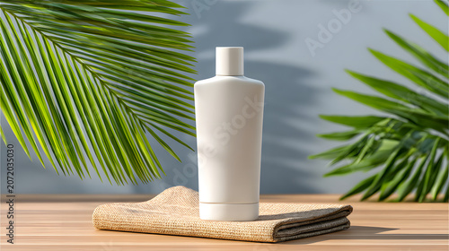 Skincare tube on woven cloth with palm leaf shadows in minimal studio setup