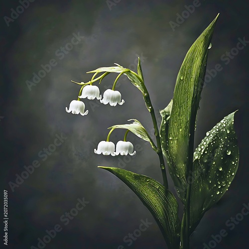 Lily of the valley flowers with water droplets on dark background