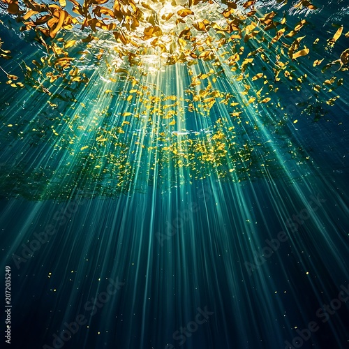 Underwater view of sun rays streaming through the water's surface, illuminating floating leaves and the deep blue sea. The light creates an ethereal and tranquil atmosphere