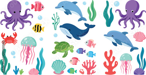 Fotografie Vector illustration of cartoon sea creatures and ocean elements representing mar