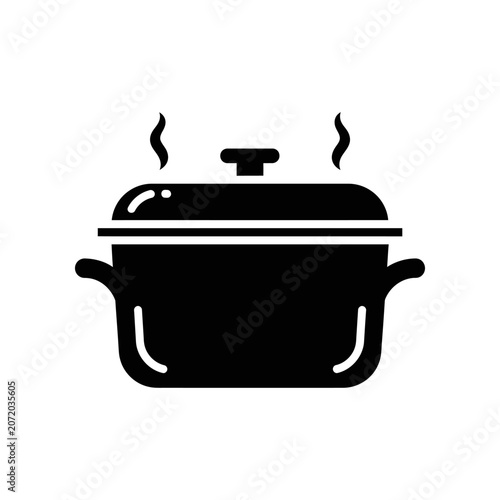 Black cooking pot with lid steaming on white background isolated kitchenware