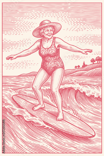 Vector engraving illustration of a happy elderly woman in a swimsuit and hat riding a surfboard on a wave. Vintage red monochrome graphic.