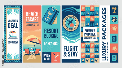 Summer travel banner set with beach escape and vacation deal themes, resort booking and luxury packages vertical vector templates for tourism marketing