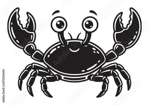 Happy cartoon crab character with large claws and eyes, black and white icon representing marine life and seafood