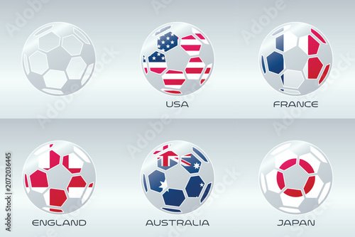 Football, soccer vector symbol set. USA, France, England, Australia, Japan. Illustration for championship, tournament, sports, event, summer season, web, concept design