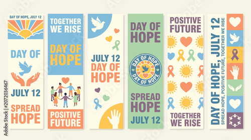 Day of Hope July 12 vertical banners, inspirational charity event posters with doves and ribbons, community support flyers in flat vector style