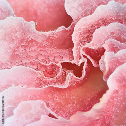 An abstract macro image of a delicate pink flower petal, showcasing intricate textures and organic folds. The soft, luminous quality of the petal creates a sense of gentle beauty and natural wonder