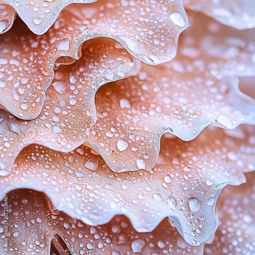 Macro shot of water droplets on soft, layered, pinkish plant petals, showcasing delicate textures and a natural, refreshing beauty