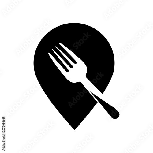 Minimalist fork and knife icon on black circle isolated background