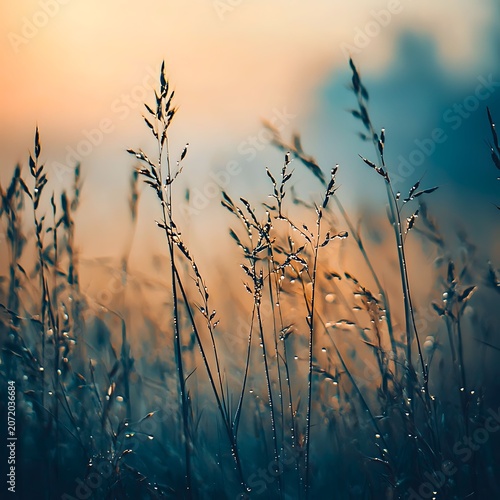 Sunlight illuminating dew drops on blades of grass at sunrise, creating a magical morning atmosphere