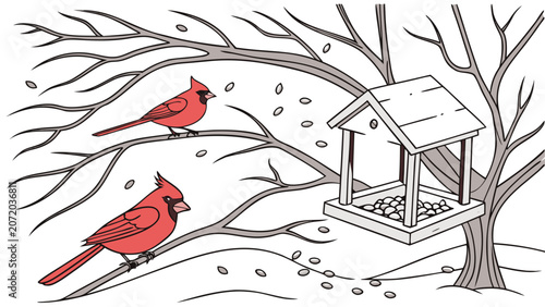 Tableau sur toile Two red cardinals perched on snowy branches near a wooden bird feeder