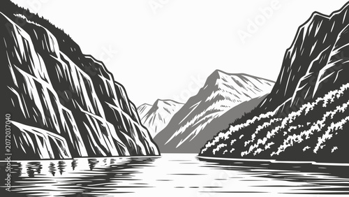 Deep mountain fjord with steep cliffs and forested shoreline illustration