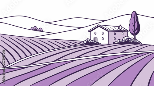 Lavender field farmhouse landscape line art illustration with lavender, building