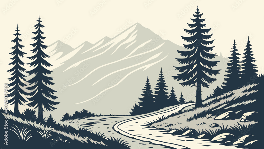 Fototapeta premium Mountainous landscape with winding path and pine trees mountains landscape