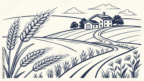 Graphic illustration of rural farmhouse in wheat field with farmhouse, landscape
