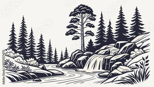 Forest river landscape with waterfall and tall pine trees waterfall landscape