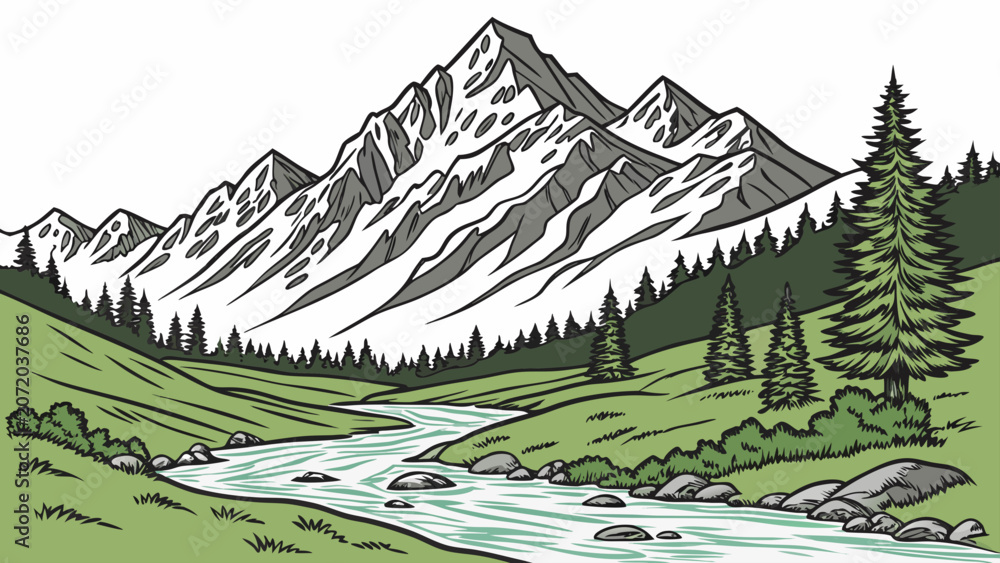 Fototapeta premium Illustrated mountain landscape with river and pine forest mountain landscape