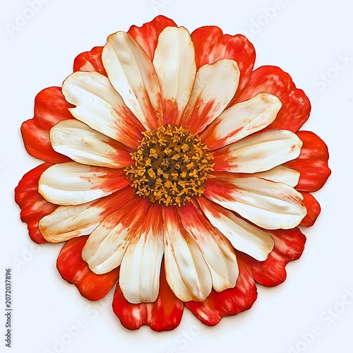 A vibrant red and white Zinnia flower in full bloom, showcasing its intricate petals and textured center