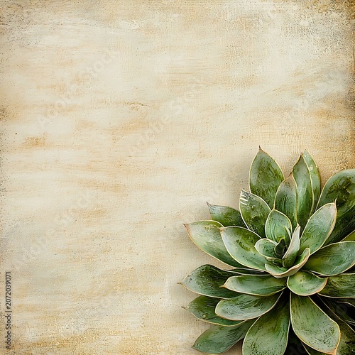 A close-up, top-down view of a succulent plant with thick green leaves, set against a textured, aged beige background. The plant is positioned in the lower right corner.