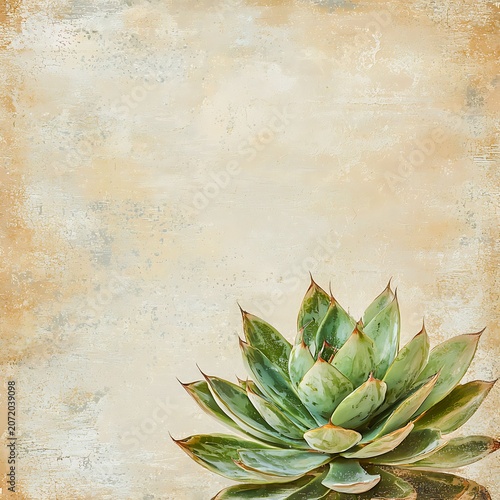 A close-up of a vibrant succulent plant with green and variegated leaves, set against a textured, vintage-style background. The detail in the leaves suggests a natural, organic beauty