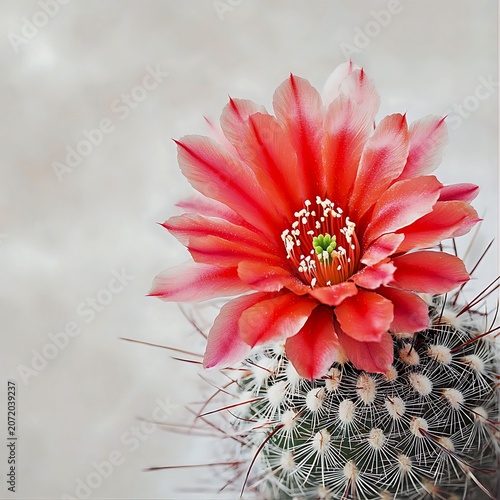 A beautiful pink and orange cactus flower in full bloom atop a spiky cactus. The petals are vibrant and delicate, contrasting with the sharp spines of the plant.