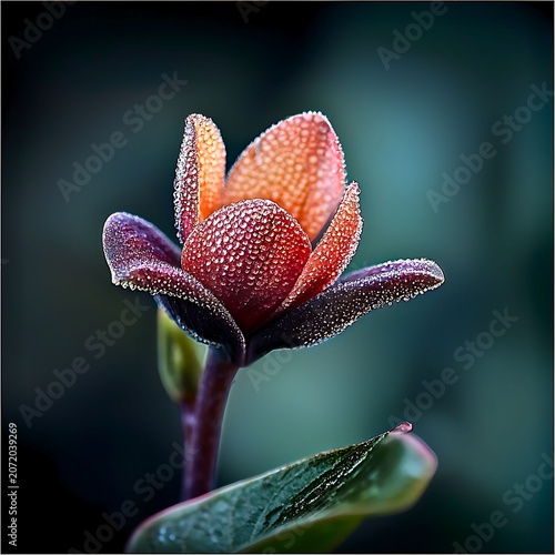 An exquisite flower bud, its petals covered in delicate dewdrops, glows with soft, warm light against a dark, moody background